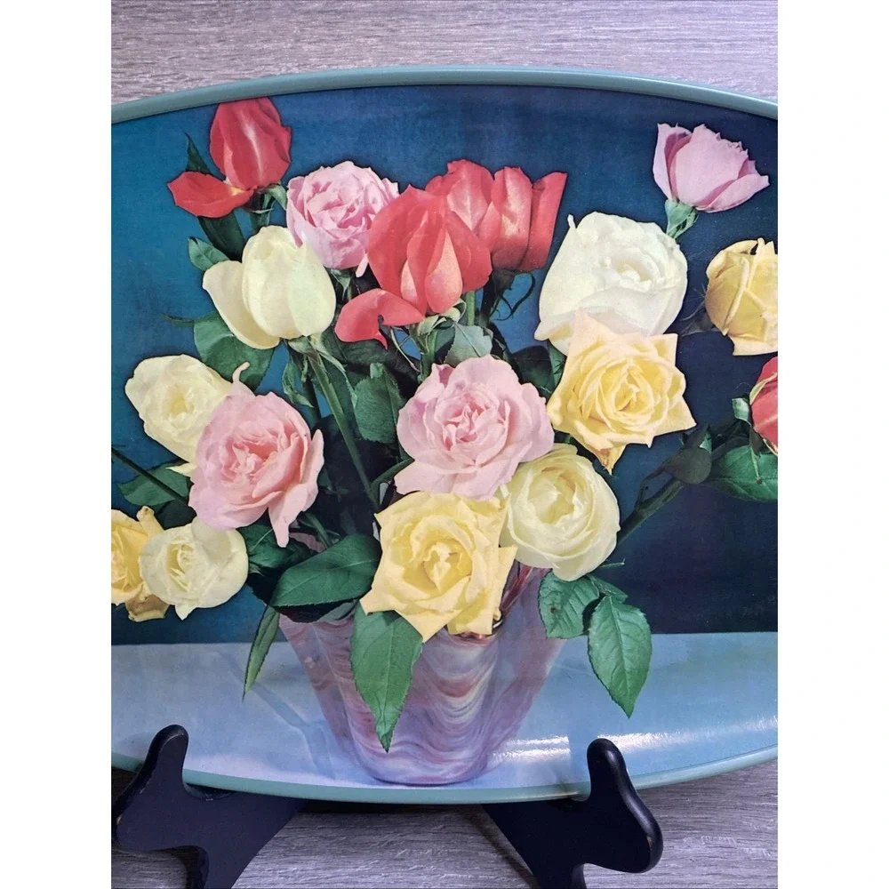 Vintage Serving Tray MCM Roses Vase Wrapped Handles Made In Japan Decorative